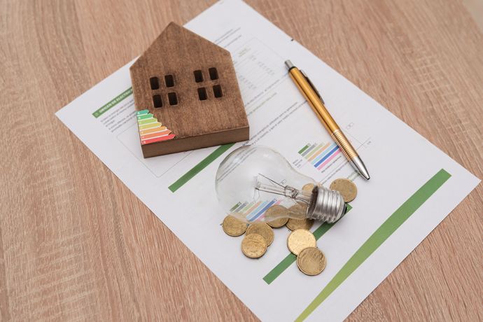 Glühbirne, Energieskala auf Haus, Münzen